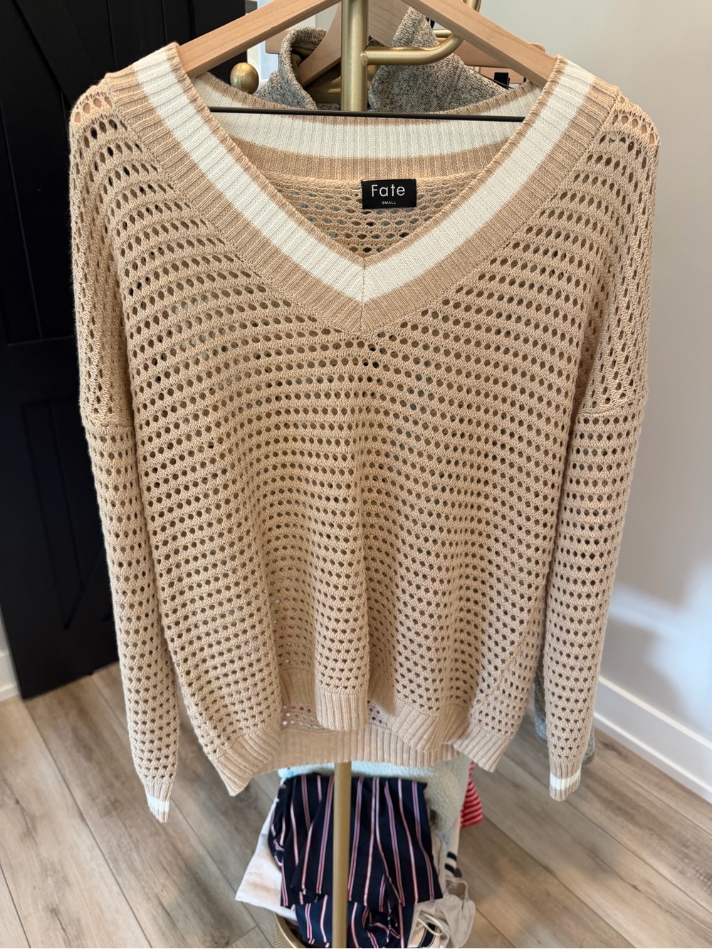 Fate Open-Knit V-Neck Sweater in Beige with White Trim